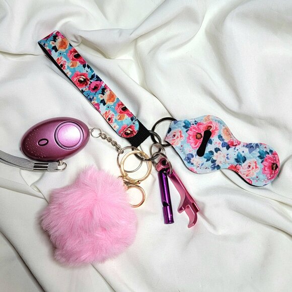 Accessories - 6 Piece Flowers Safety Keychain Set, Alarm w/ Flashlight, Whistle, Can Opener